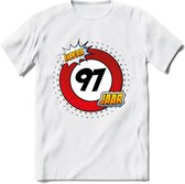 97 Jaar Hoera Verkeersbord T-Shirt | Grappig Verjaardag Cadeau | Dames - Heren | - Wit - XL