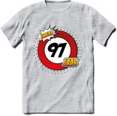 97 Jaar Hoera Verkeersbord T-Shirt | Grappig Verjaardag Cadeau | Dames - Heren | - Licht Grijs - Gemaleerd - 3XL