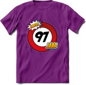 97 Jaar Hoera Verkeersbord T-Shirt | Grappig Verjaardag Cadeau | Dames - Heren | - Paars - XXL