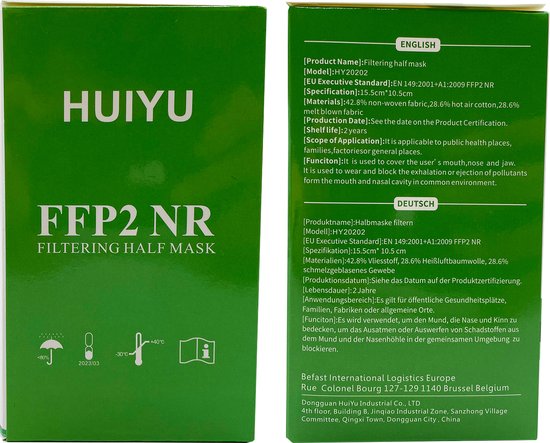 FFP2 Medisch Mondkapje - Mondmasker - Mondkap - Zwart - CE Gecertificeerd - 20 stuks - Individueel verpakt - HUIYU