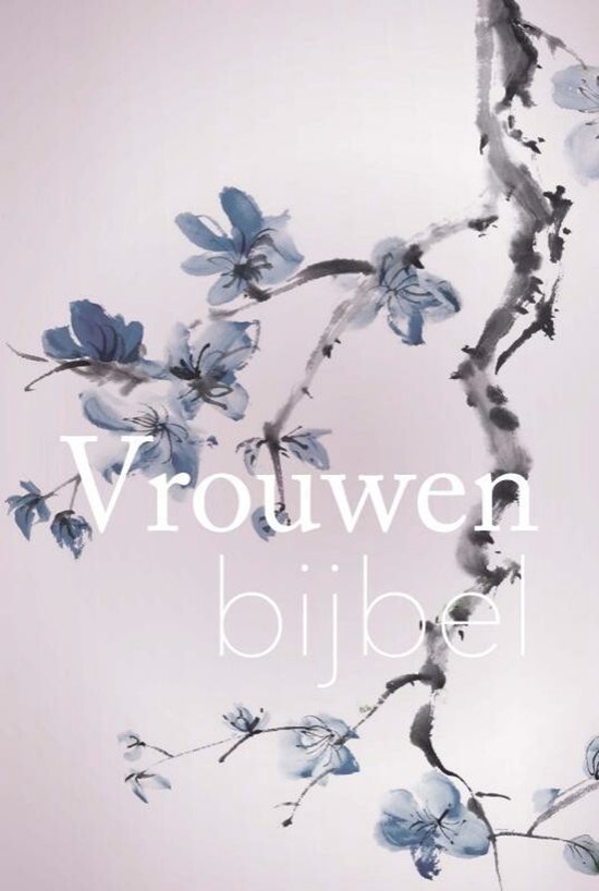 Vrouwenbijbel met een illustratie van blauwe bloesems op een lichtroze achtergrond.