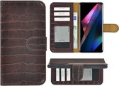 Hoesje Oppo Find X3 - Oppo Find X3 Pro Hoesje - Bookcase - Oppo Find X3/ Oppo Find X3 Pro Wallet Book Case Echt Leer Croco Kastanjebruin Cover