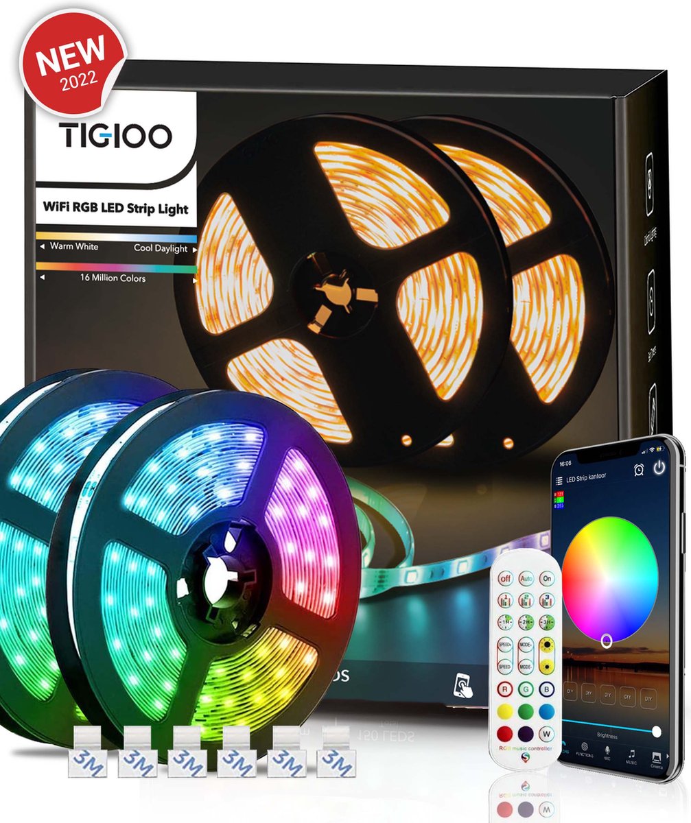 TIGIOO LED strip 10 meter - Wifi Lichtstrip met 16 kleuren - Dimbaar - incl. App & Afstandsbediening - Zelfklevend
