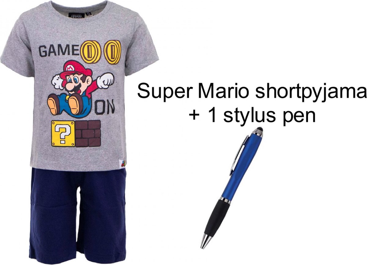 Super Mario Bross Short Pyjama - Melegrijs/donkerblauw - 100% Katoen. Maat 110 cm / 5 jaar + EXTRA 1 Stylus Pen.
