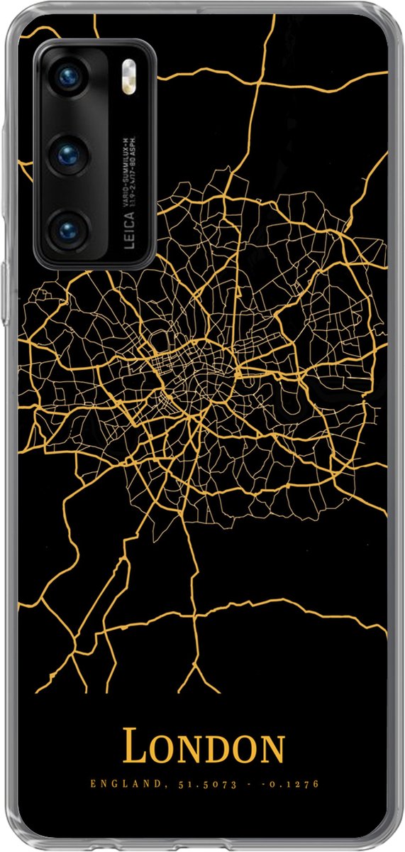 Telefoonhoesje Geschikt voor Huawei P40 hoesje - Londen - Kaart - Gold - Siliconen Telefoonhoesje Telefoonhoesje