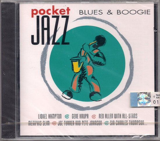 CD hoes met "pocket JAZZ BLUES & BOOGIE" en een tekening van een saxofonist in een groene cirkel.