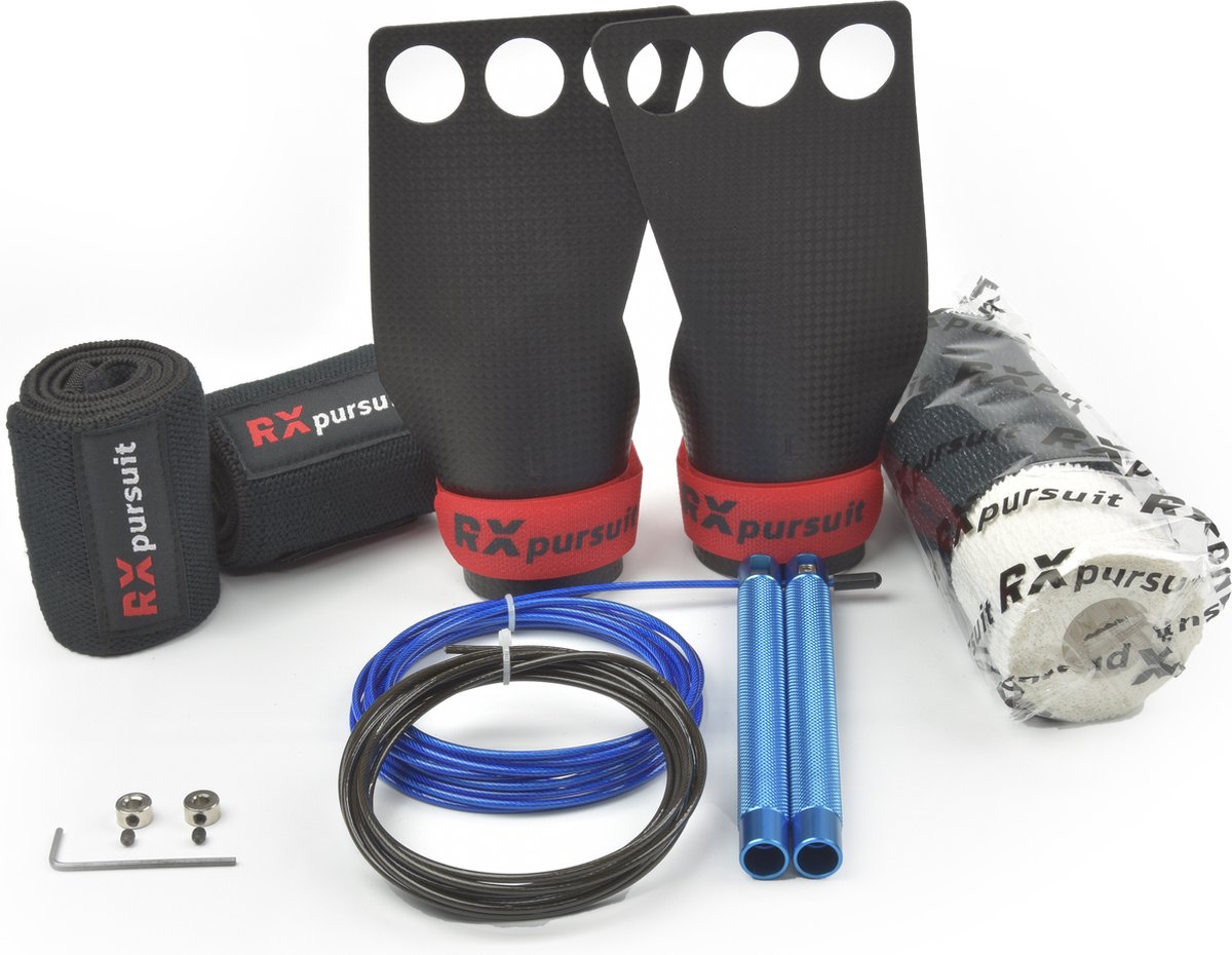 Rxpursuit - CrossFit Pakket - Carbon Fiber Grips - Maat S - Speed Rope Blauw