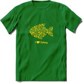 I Love Fishing - Vissen T-Shirt | Geel | Grappig Verjaardag Vis Hobby Cadeau Shirt | Dames - Heren - Unisex | Tshirt Hengelsport Kleding Kado - Donker Groen - S