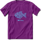 I Love Fishing - Vissen T-Shirt | Blauw | Grappig Verjaardag Vis Hobby Cadeau Shirt | Dames - Heren - Unisex | Tshirt Hengelsport Kleding Kado - Paars - XL