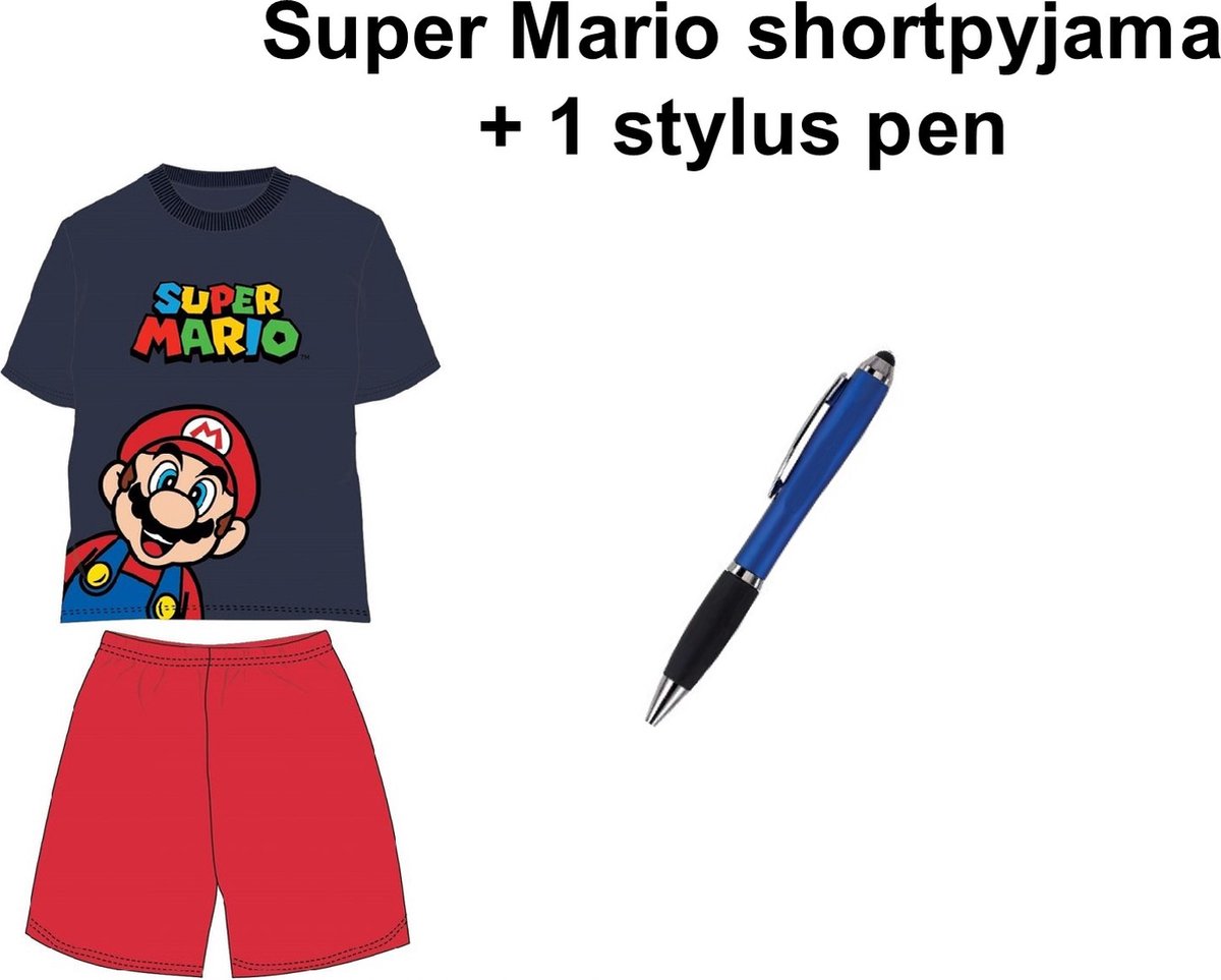 Super Mario Bross Short Pyjama - Donkerblauw/rood - 100% Katoen. Maat 104 cm / 4 jaar + EXTRA 1 Stylus Pen.