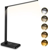 Wilktop Led-bureaulamp, dimbaar, tafellamp, 6 W, draadloos opladen en USB-oplaadaansluiting, oogbescherming, leeslamp, 10 helderheidsniveaus, 5 kleuren touch bediening, tafellamp v