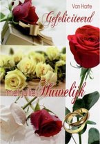 Van harte gefeliciteerd met jullie huwelijk! Een bijzondere wenskaart met allerlei afbeeldingen van rozen in verschillende kleuren. En niet te vergeten te trouwringen! Een dubbele