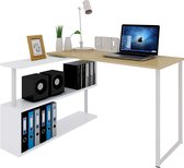 Luxury Buy® hoekbureau-computertafel-schrijftafel- met legplanken- L-vorm -180° draaibaar-wit-natuurlijke houtkleur