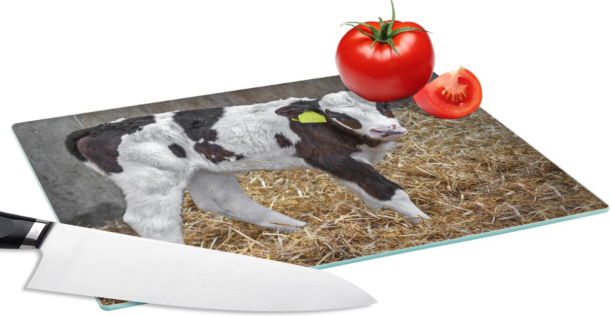 Glazen Snijplank - 28x20 - Koe - Stro - Kalf - Dieren - Snijplanken Glas