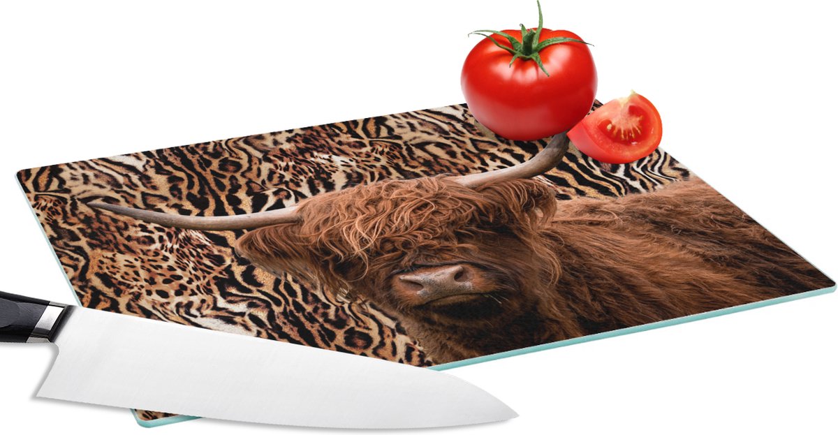 Glazen Snijplank - 28x20 - Schotse hooglander - Panterprint - Dieren - Snijplanken Glas