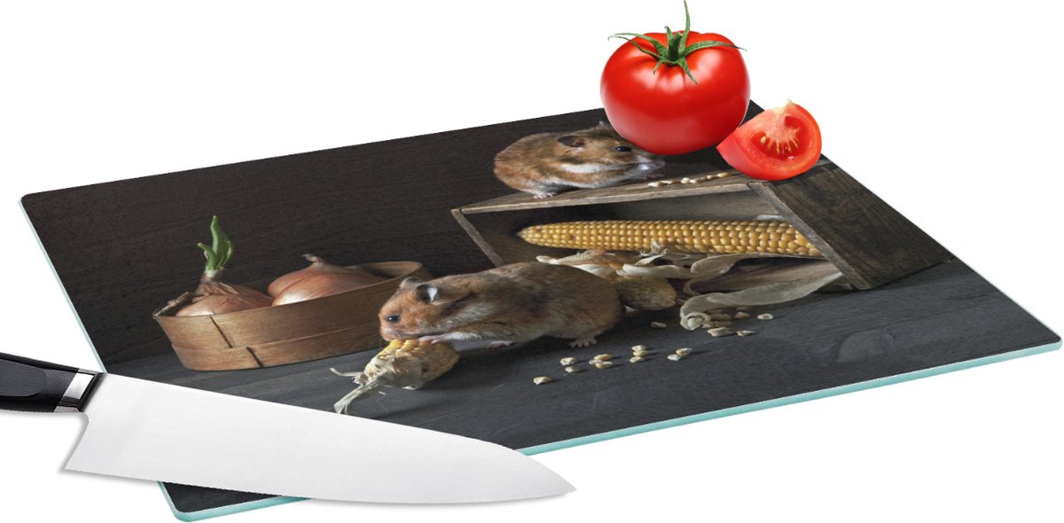 Glazen Snijplank - 39x28 - Stilleven van hamsters die maïs eten - Snijplanken Glas