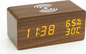 Digitale klok - Bureauklok - Wooden look - Temperatuur + Luchtvochtigheidsmeter + Draadloze oplader - Donker hout + Witte cijfers