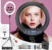 HiCHiCO® LED Ring Light 44Cm/ 18 Inch Ringlamp met Statief 210 CM Incl. Bluetooth afstandsbediening en Spiegel - Ringflitser met statief - Ring Light - flitser - Make-up - Studiola