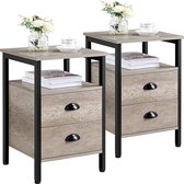 FURNIBELLA-Nachtkastje, set van 2 bijzettafeltjes met laden, nachtkastje met plank, nachtcommode, metalen frame stabiel, gemakkelijk te monteren, voor woonkamer, slaapkamer, grijs