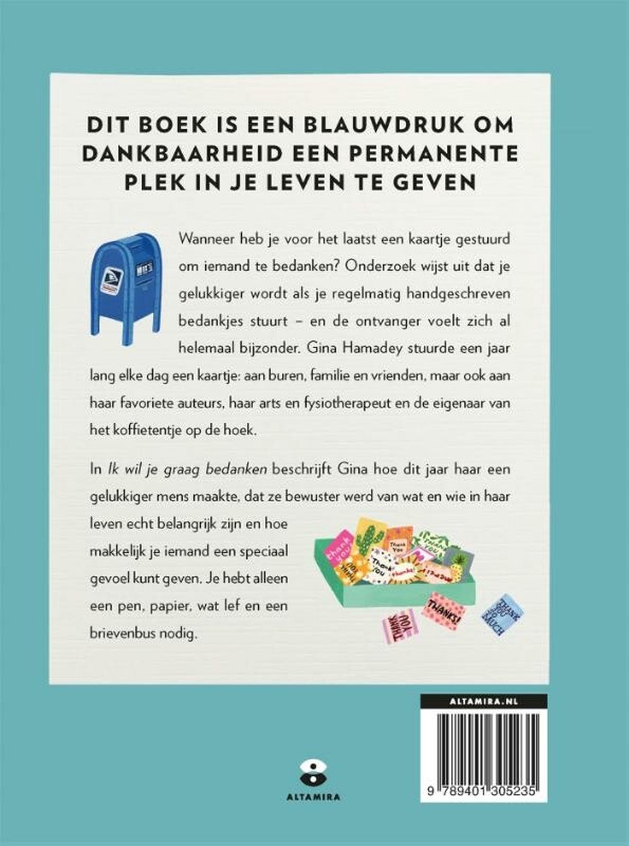 Boek 'Dit boek is een blauwdruk om dankbaarheid een permanente plek in je leven te geven'. Blauwe brievenbus en bedankkaarten.