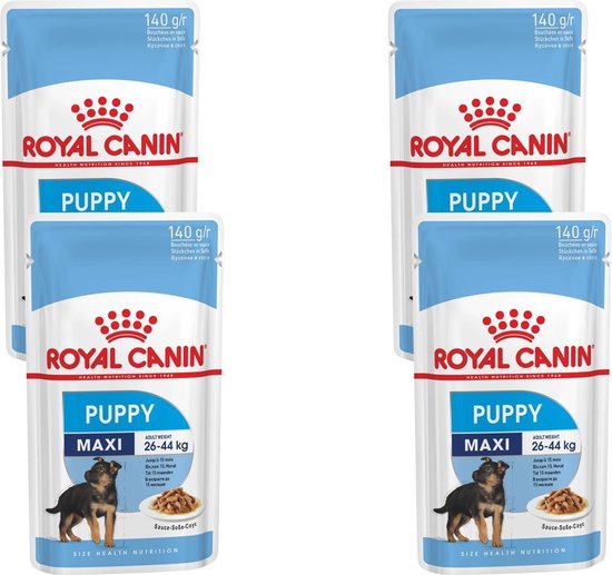 Vier verpakkingen Royal Canin Maxi Puppy natvoer in saus, elk 140g.