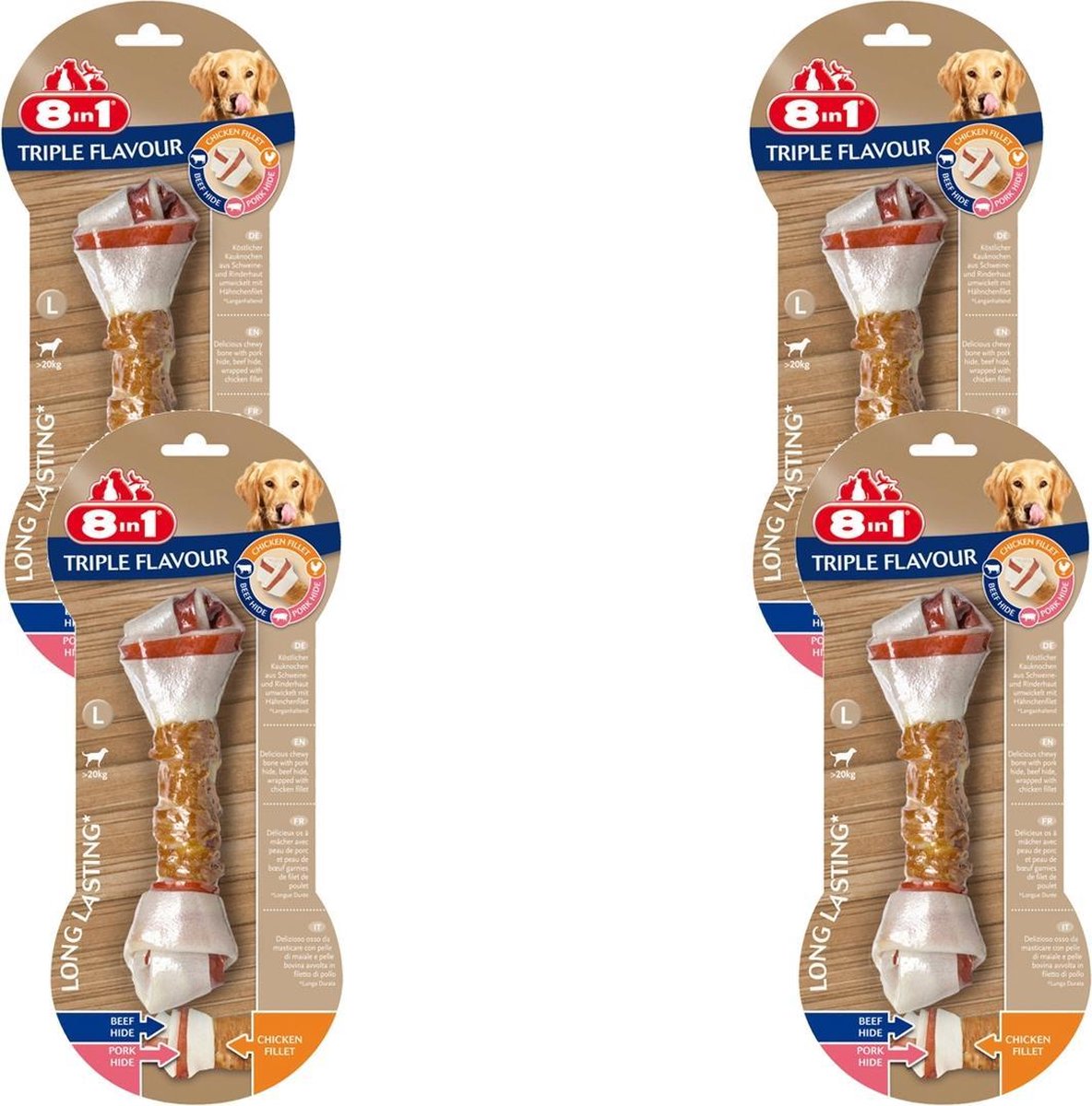 8in1 Delights Kauwknook Triple Flavour Kip&Varken&Rund - Hondensnacks - 4 x L