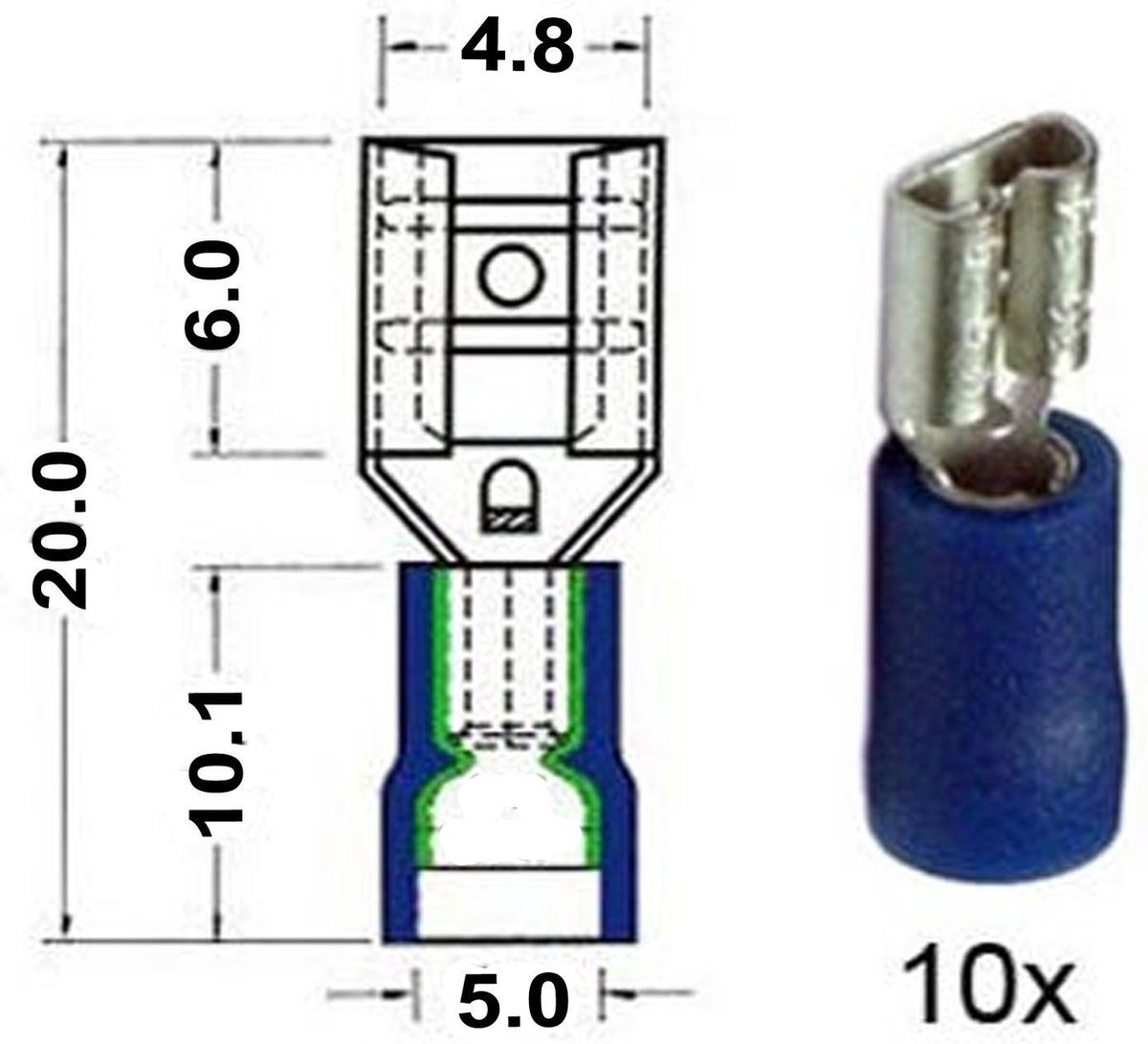 Kabelschoen schuif vrouwelijk 4.8 mm blauw 10 stuks