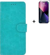 Hoesje iPhone 13 Pro + Screenprotector iPhone 13 Pro - iPhone 13 Pro Hoes Wallet Bookcase Turquoise + Full Tempered Glass