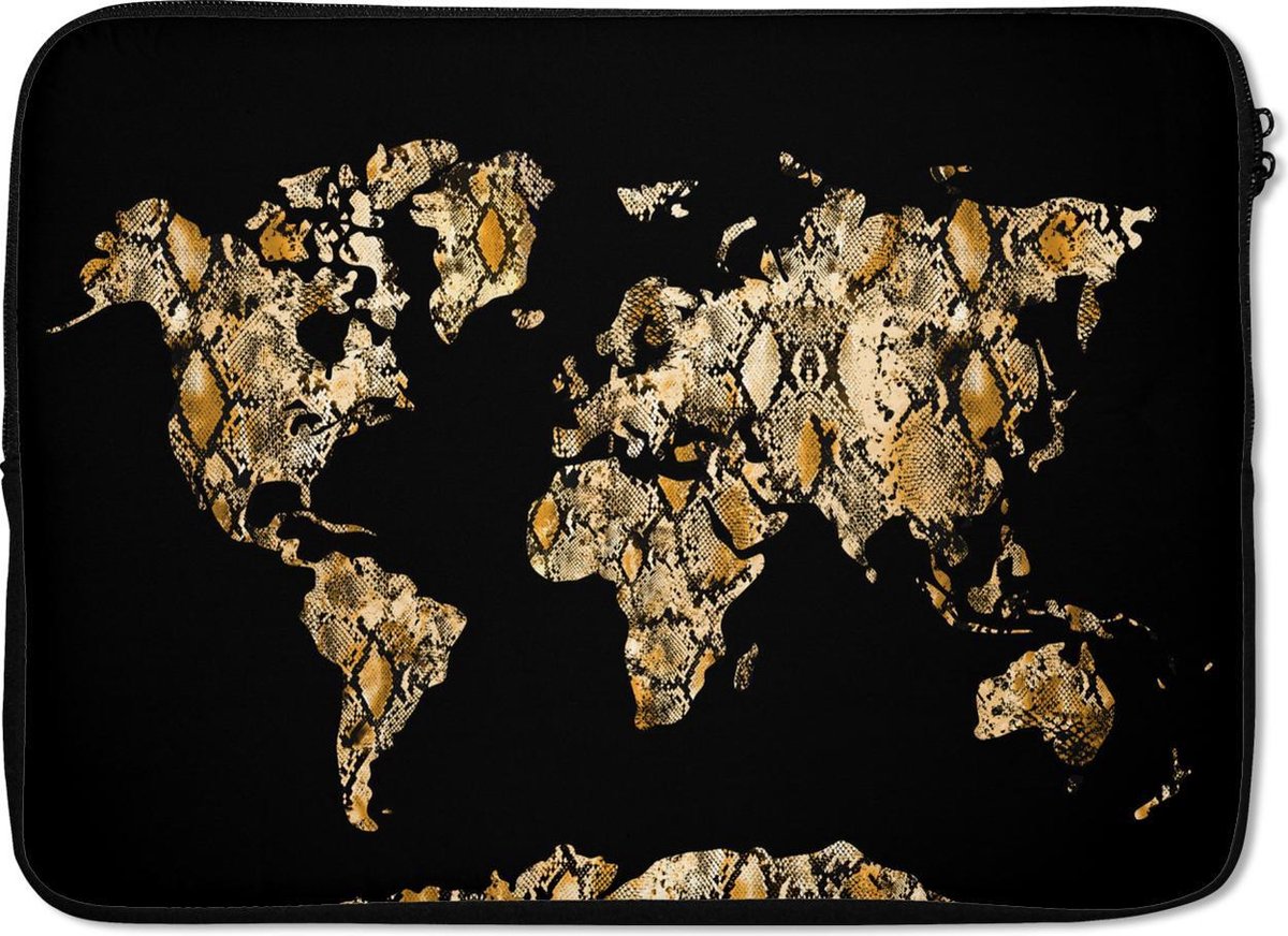 Laptophoes 14 inch - Kaart - Luxe - Slang - Laptop sleeve - Binnenmaat 33x23 cm - Zwarte achterkant