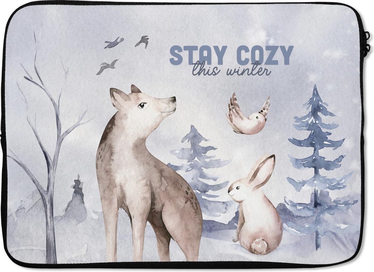 Laptophoes 14 inch - Winter - Wolf - Vogel - Konijn - Laptop sleeve - Binnenmaat 33x23 cm - Zwarte achterkant - Kerst - Cadeau - Kerstcadeau voor mannen en voor vrouwen