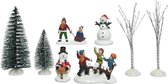 8x pcs accessoires de village de Noël figurines/poupées et arbre de Noël - Pièces de village de Noël Décorations de Noël