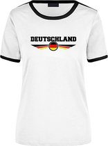 Deutschland wit/zwart ringer landen t-shirt logo met vlag Duitsland - dames - landen shirt - supporter kleding / EK/WK L