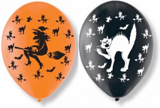 Set van 12x stuks Halloween ballonnen met heksen en katten print 27,5 cm - Halloween / horror feestversiering/decoratie