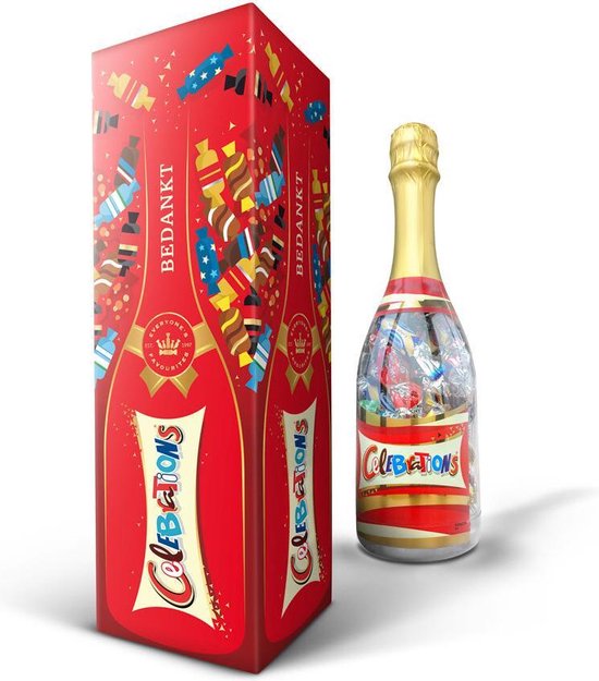 Foto:  bedankt celebrations fles in giftbox 312 gram smaken mix chocolade cadeau champagnefles