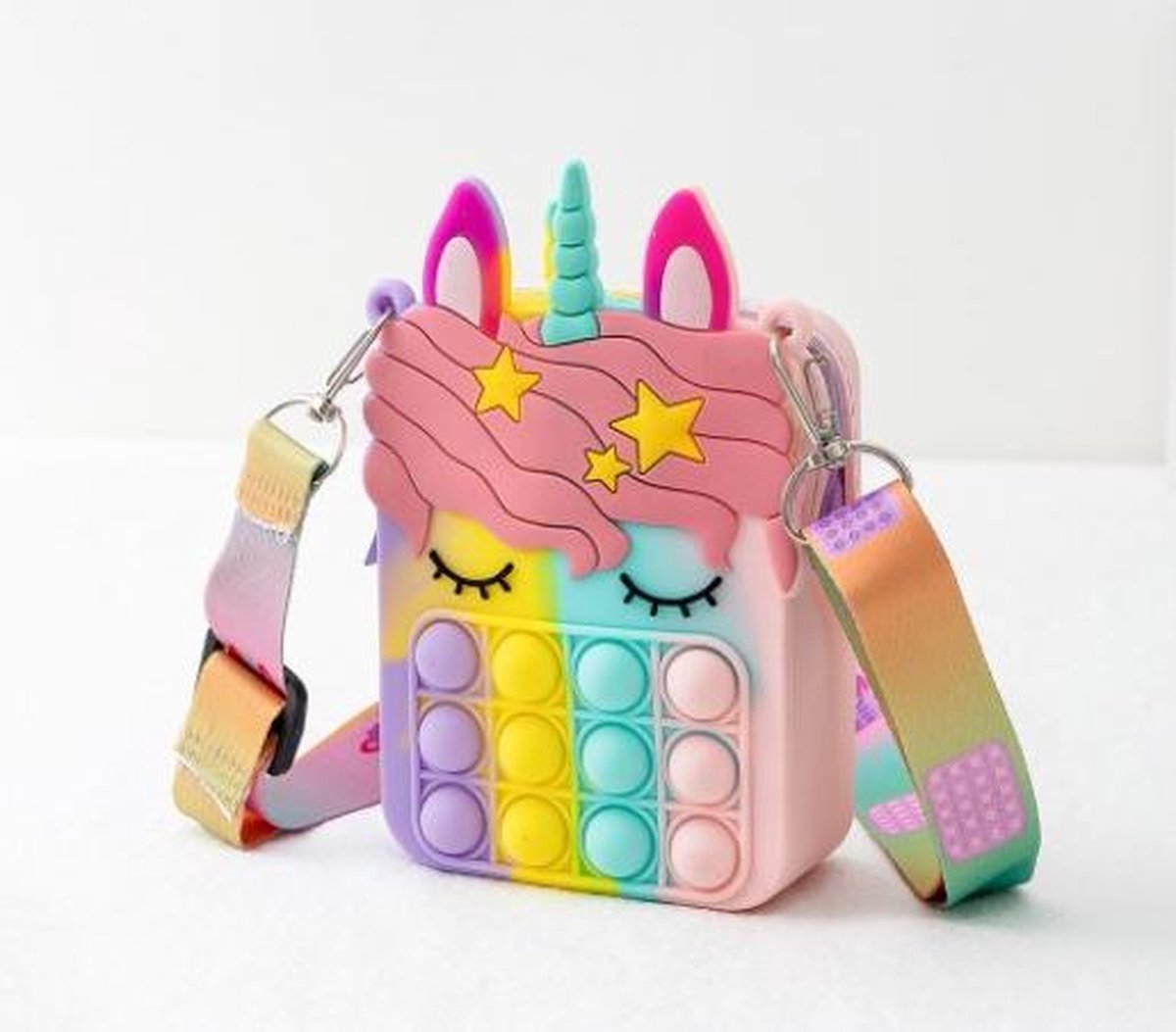 Manks Kids Collections ® Pop it tas -Zacht kleur Regenboog - cadeautip - sling tasje - Unicorn sling tasje - fidget toys - pop it tasje