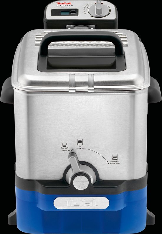 Zilverkleurige Tefal friteuse met blauwe accenten en een draaiknop.