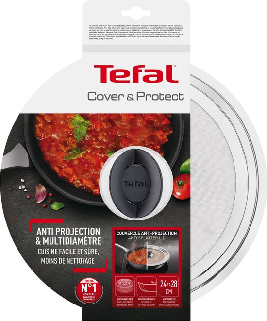 Verpakking van een Tefal "Cover & Protect" anti-spat deksel van 24-28 cm, met afbeelding van een pan met saus.