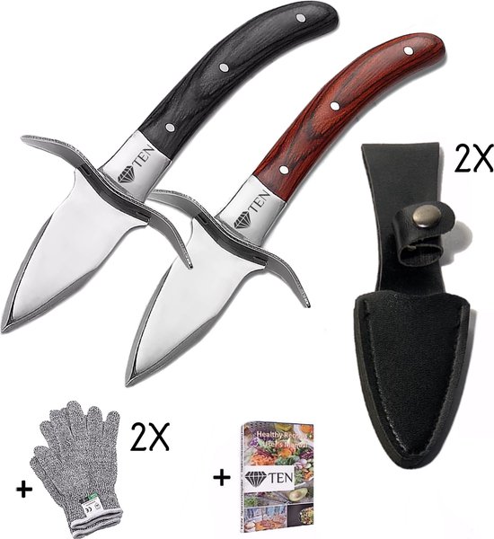 TEN® - Oesterset L - 2x Oestermes Set met Handschoen + eBook Kookboek - Lederen houder - Oesterhandschoen