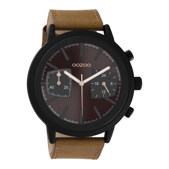 OOZOO Timepieces - Zwarte horloge met bruine leren band - C10806 - Ø50