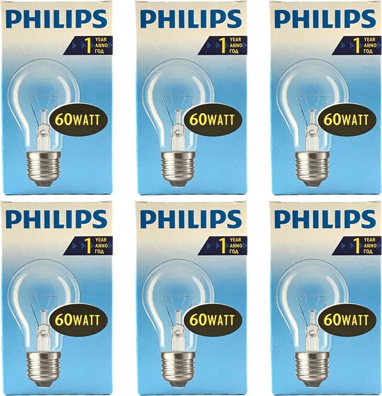 Philips - standaardlamp - 60watt - e27 fitting - gloeilamp - helder - dimbaar - grote fitting - 60w - (6 stuks)