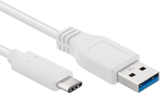Witte USB 3.0 naar USB-C kabel, close-up van de connectoren.