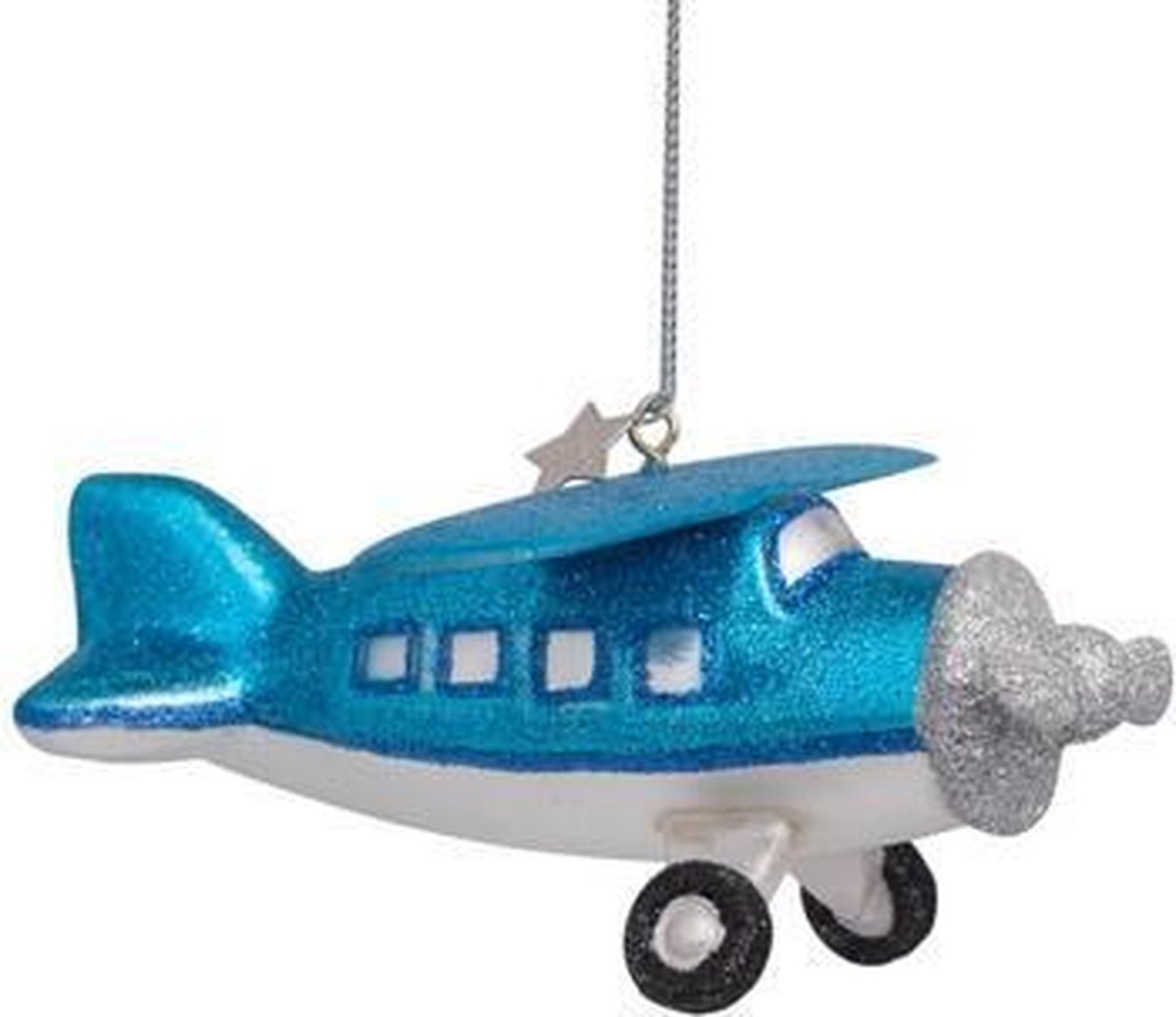 Glazen kerst decoratie blauw vliegtuig H5cm