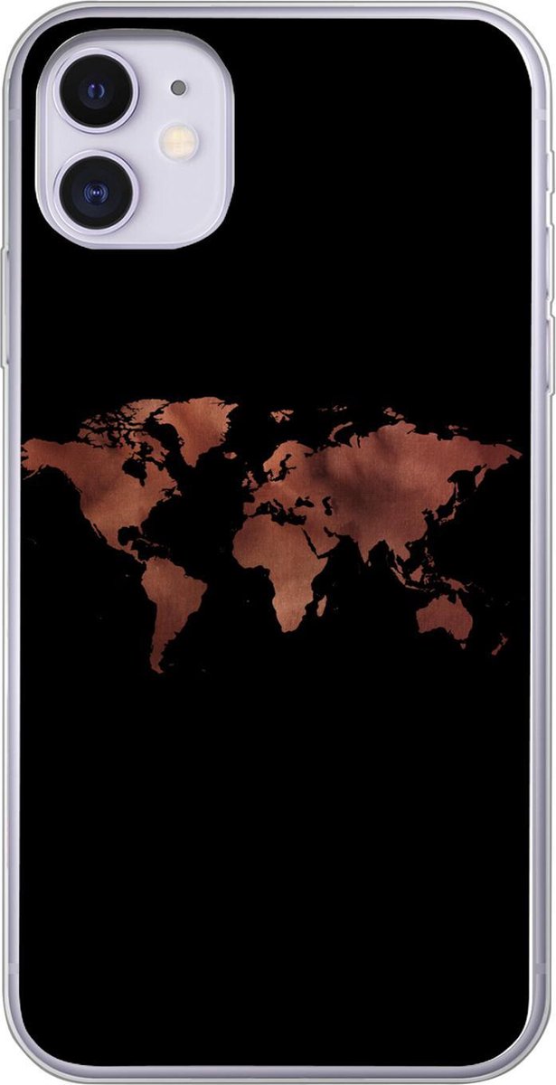 Telefoonhoesje Geschikt voor iPhone 11 hoesje - Wereldkaart - Leer - Zwart - Siliconen Telefoonhoesje Telefoonhoesje