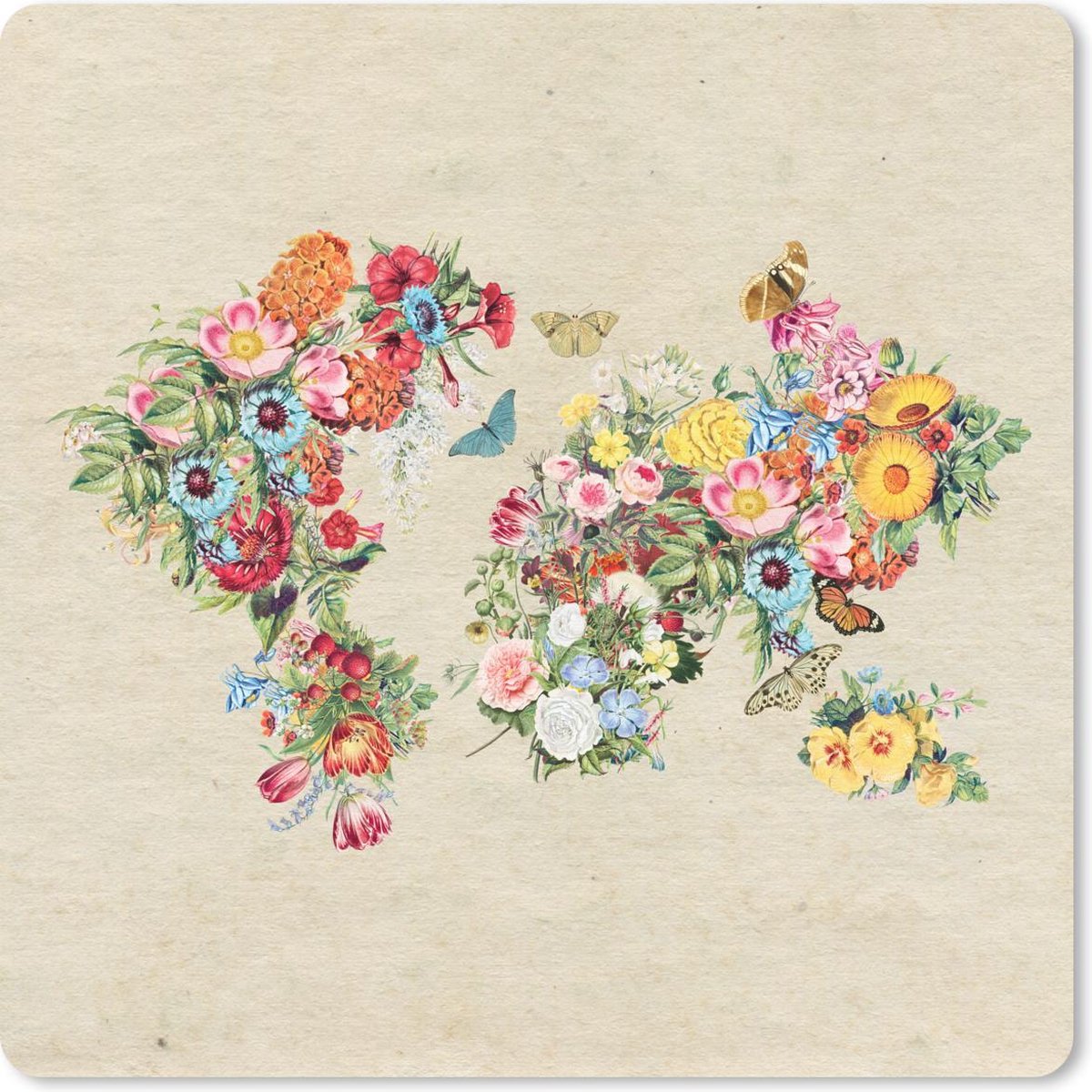 Muismat 30x30 cm - Mousepad Wereldkaart - Bloemen - Vlinder - Bruin papier - Muismatten
