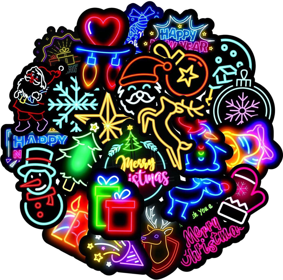 Neon kerst stickers - Pakket met 50 kerststickers - voor muur, raam, deur, laptop etc.