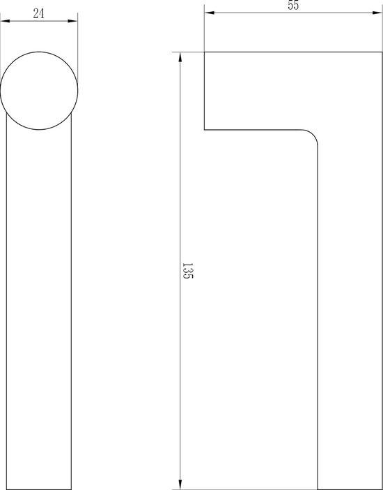 Technische tekening van een deurkruk: 13,5 cm lang, 5,5 cm breed.