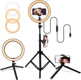 LED Ringlamp met statief, bureau tripod, telefoonhouder | vlog set | 26 cm/10 inch ringlamp | 210cm (verstelbaar) | USB | TikTok | YouTube | Vlog | Ringlight | flitser | Make-up light