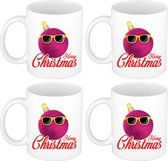 Set van 4x stuks merry Christmas kerstcadeau kerstmokken roze kerstbal met zonnebril 300 ml