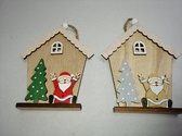 Huisje met Kerstman en Kerstboom hanger - set van 2 stuks - 2 Kleuren - 13 x 9 cm - Hout - Kerst - Kerstboom decoratie - Cadeau Tip !!