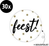 30x Sluitsticker Feest! | Wit | Goudfolie stippen | 40 mm | Sluitzegel Feest! | Sluitsticker | Chique inpakken | Traktatie - Verjaardag - Feest - Kinderfeest - Kinderverjaardag
